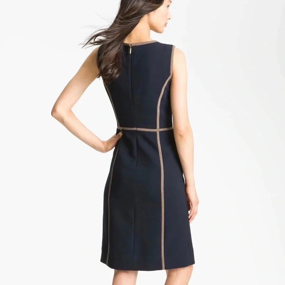 Tory Burch • Flora Dress navy blue wool sheath sleeveless piped colorblock